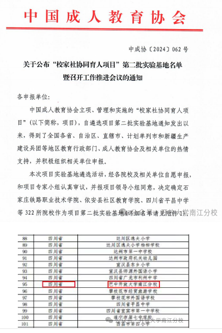 开放大学南江分校入选全国“校家社协同育人项目”第二批实验基地