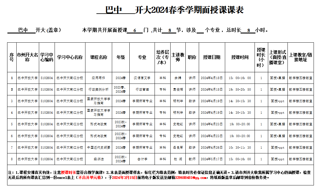 2024春面授课表（南江）